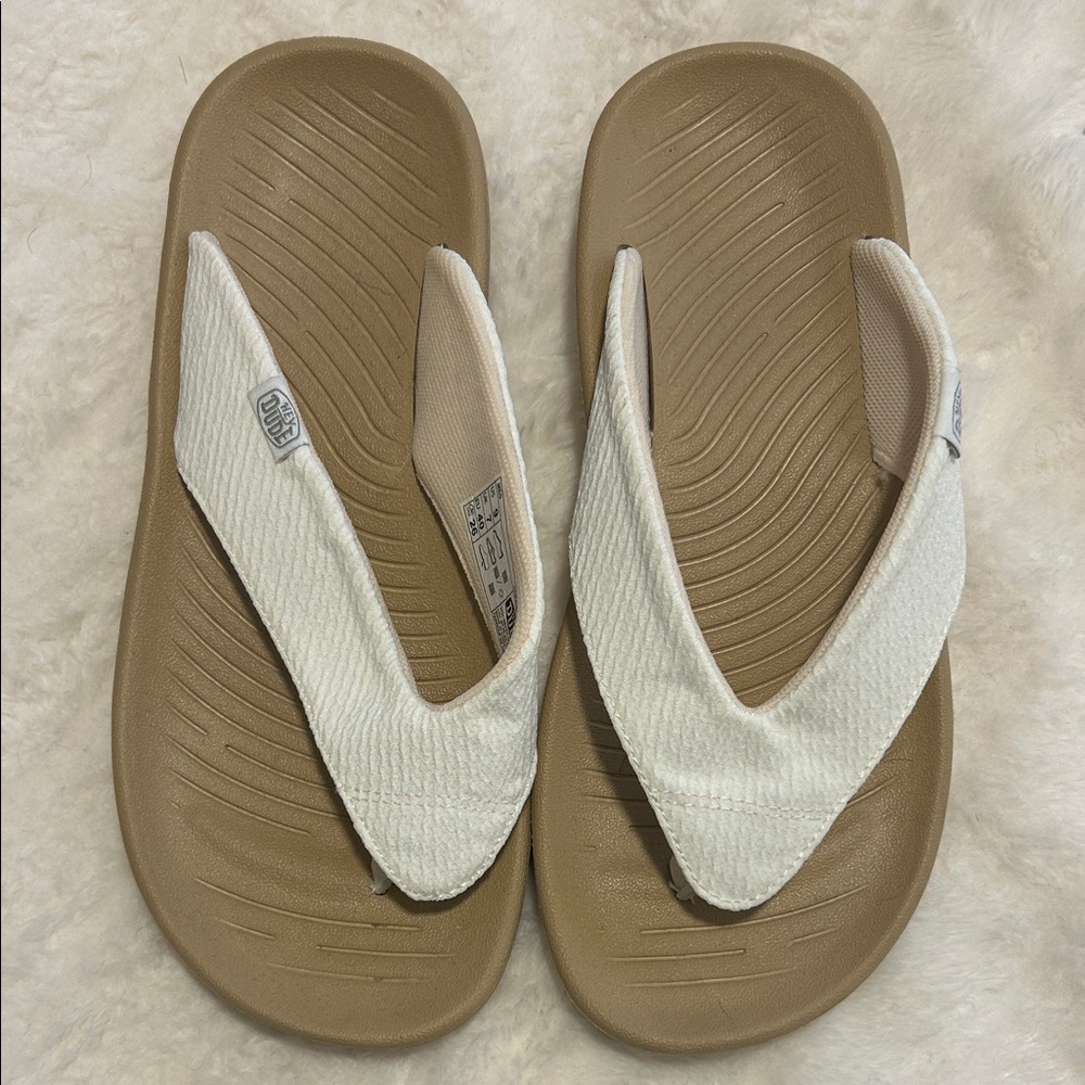 Hey Dude White and Tan Sandals